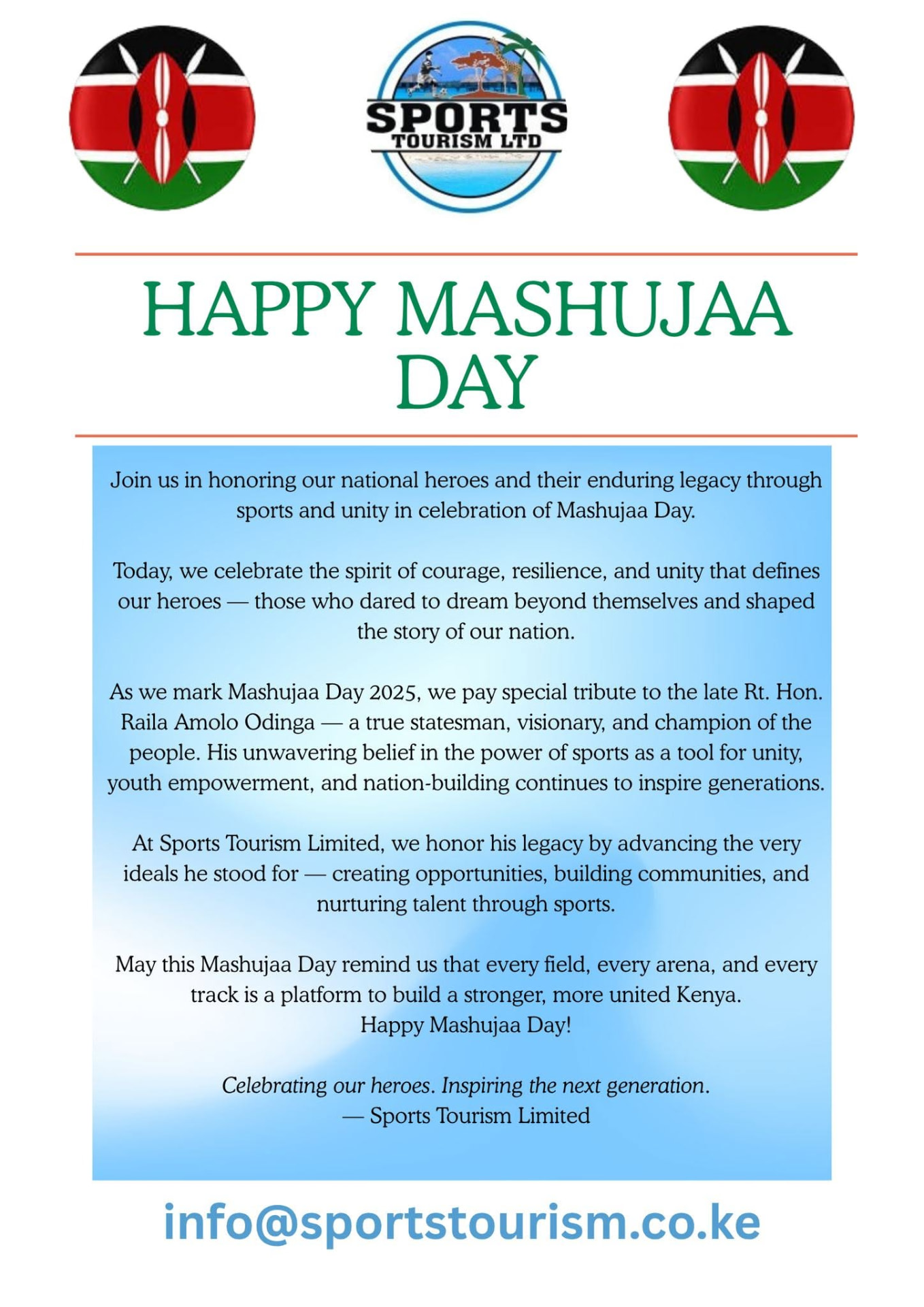 Mashujaa Day Message from Sports Tourism Limited