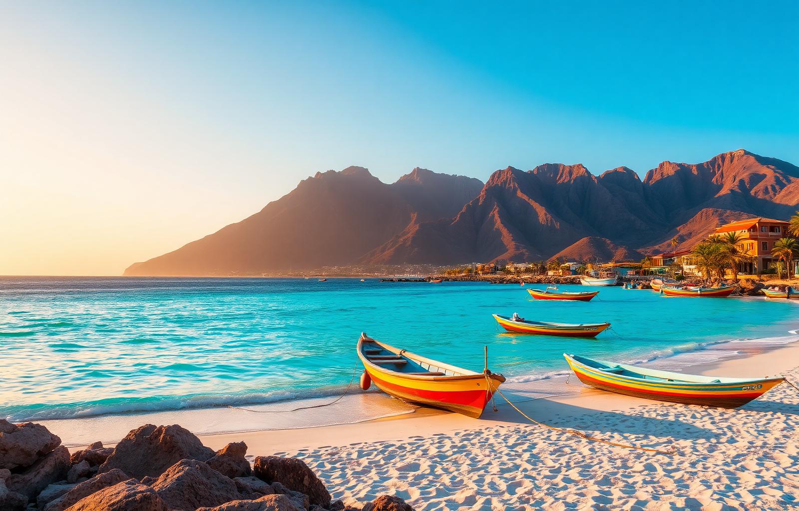 Turquoise Cape Verde coastline with volcanic mountains and colourful fishing boats