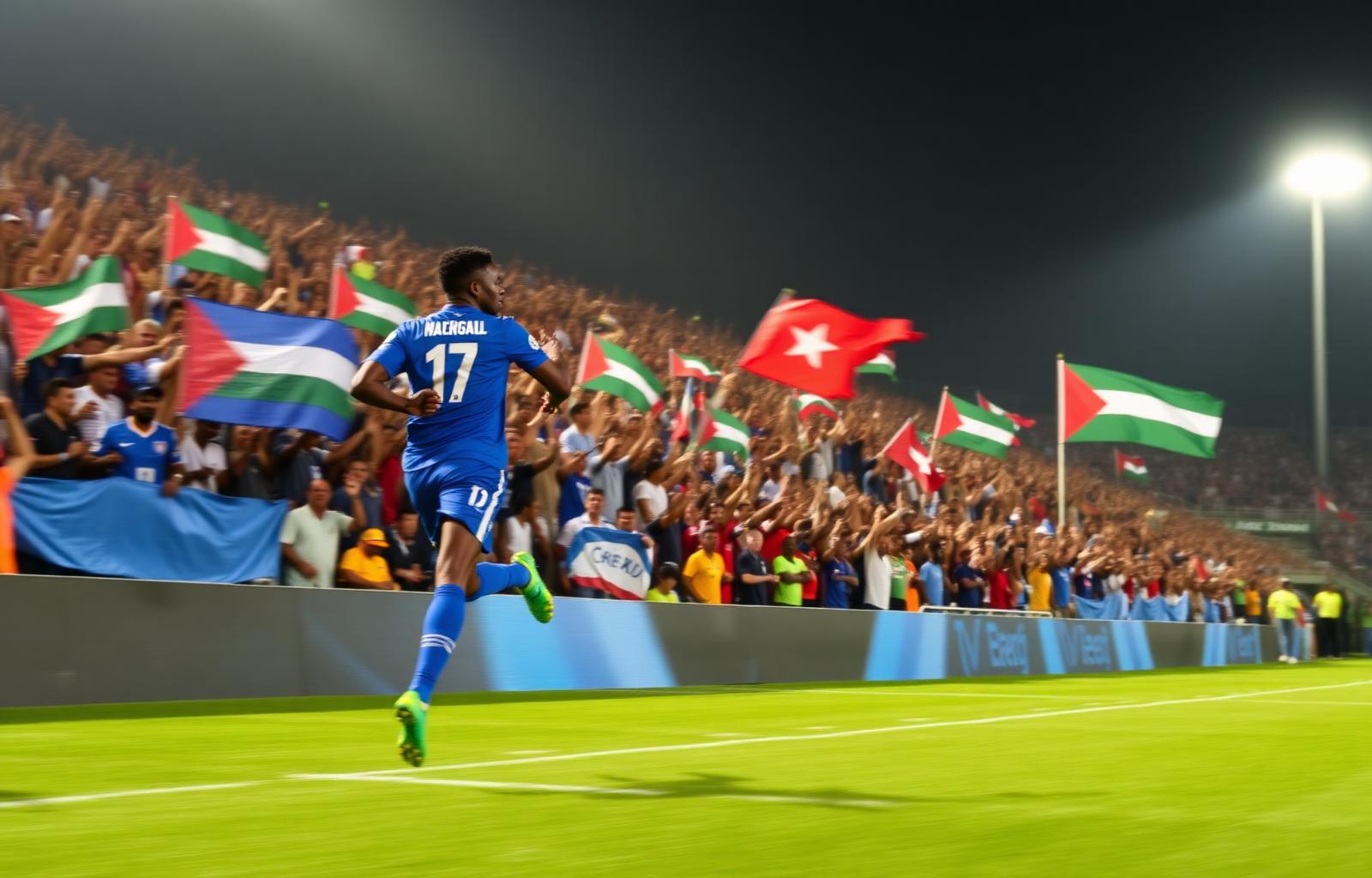 A Cape Verde player sprints to celebrate with supporters in the stands