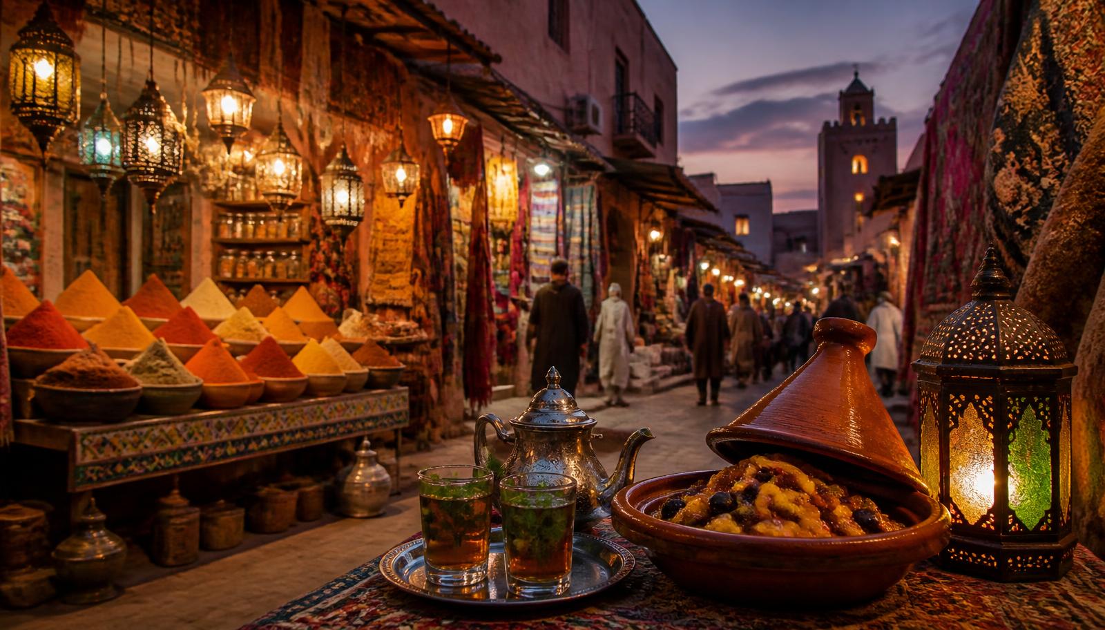 Moroccan medina market with lanterns, spices and mint tea