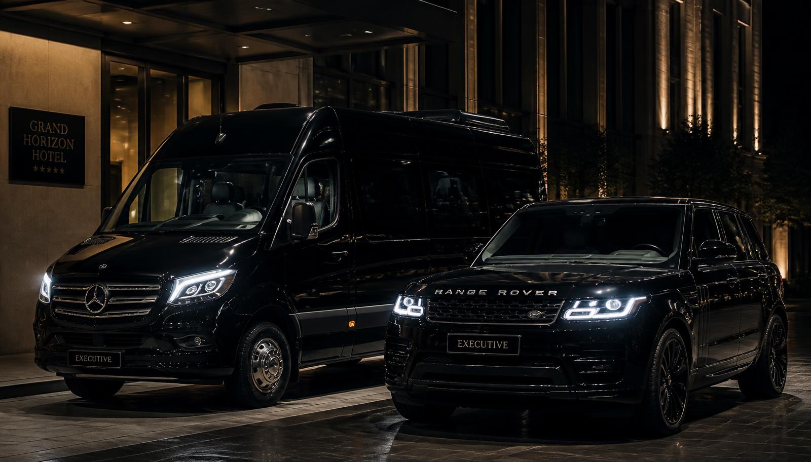 Executive black minibus and SUV outside a hotel at night