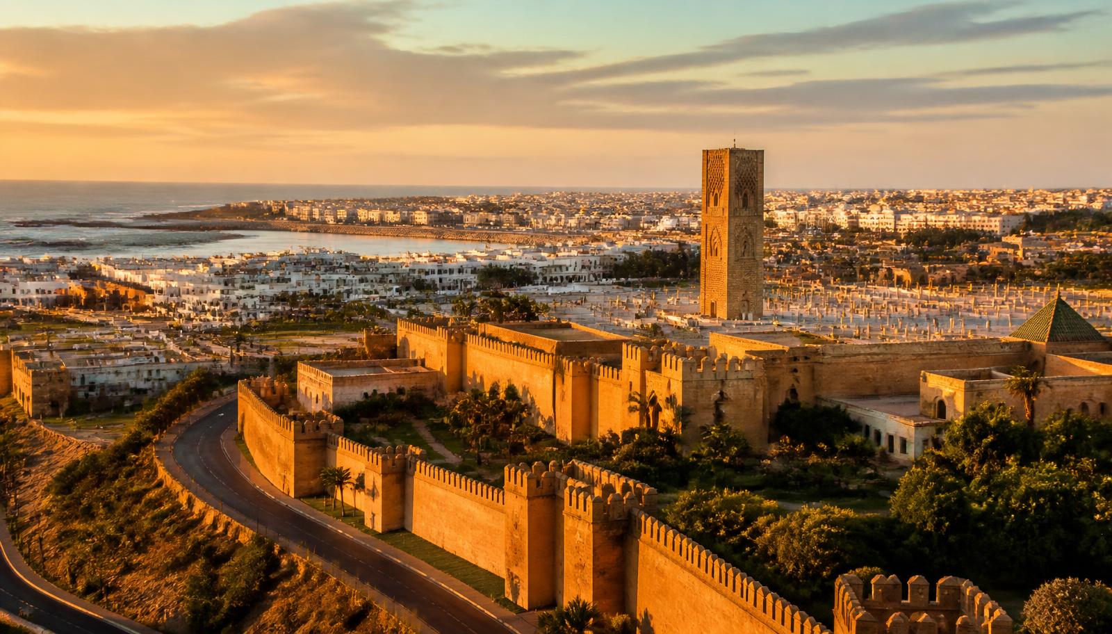 Rabat skyline and Hassan Tower at golden hour